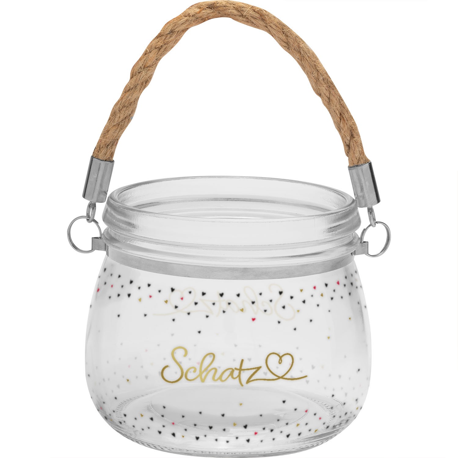 Windlicht aus Glas mit goldener Schrift Schatz und Herzmotiv, Naturfaser-Henkel