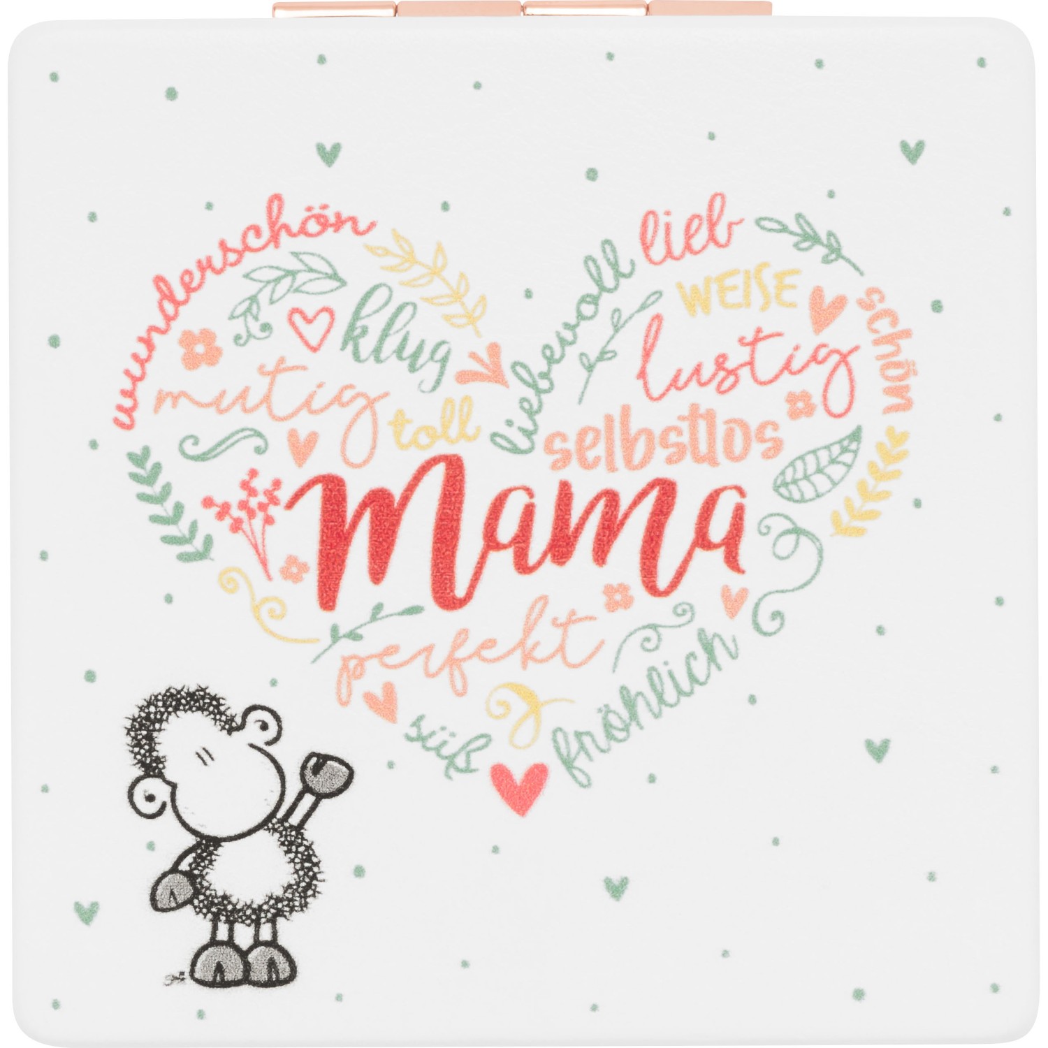 Kompakter Taschenspiegel mit Mama-Motiv in Herz-Form aus Wortschrift und Schäfchen.