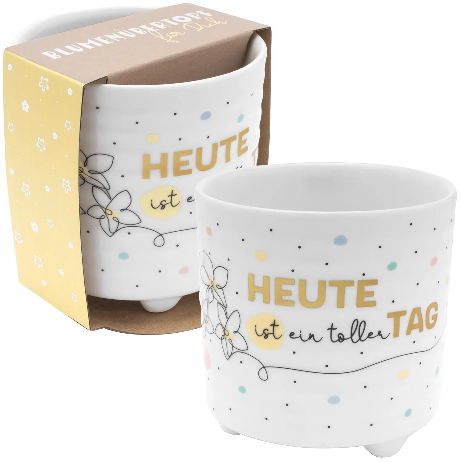 Weißer Porzellan-Übertopf mit Spruch 'HEUTE ist ein toller TAG' und floralen Akzenten, inkl. Verpackung.