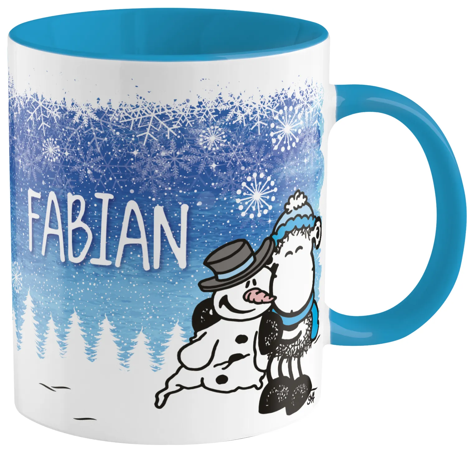 Personalisierte Wintertasse mit Schneemann und Namen FABIAN in blau-weißer Gestaltung