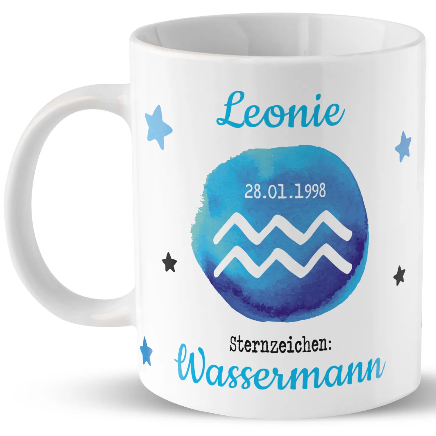 Personalisierte Porzellantasse mit Sternzeichen Wassermann, Name Leonie, Geburtsdatum 28.01.1998
