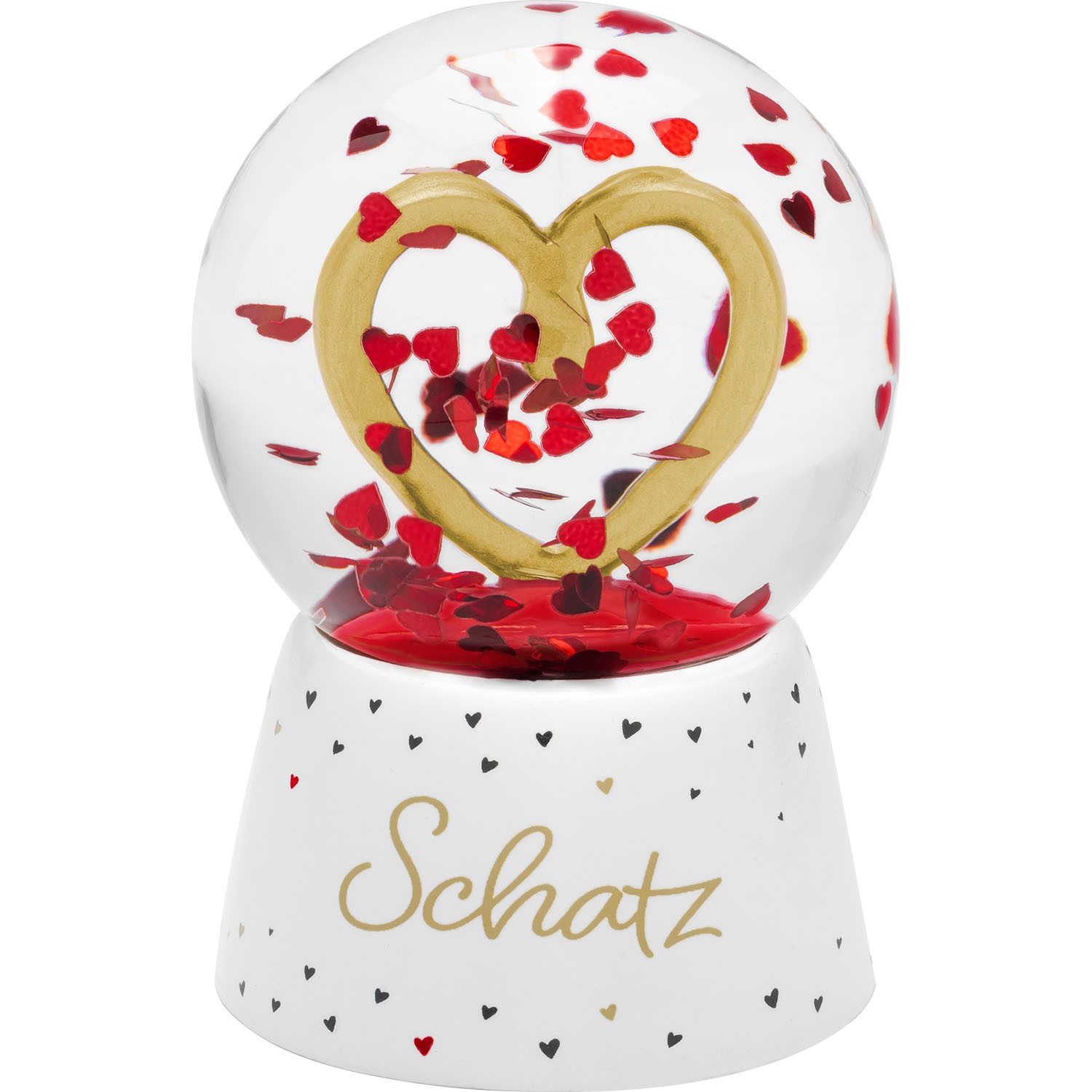 Schneekugel mit goldenem Herz und rotem Herzkonfetti, Sockel mit Schatz-Aufdruck