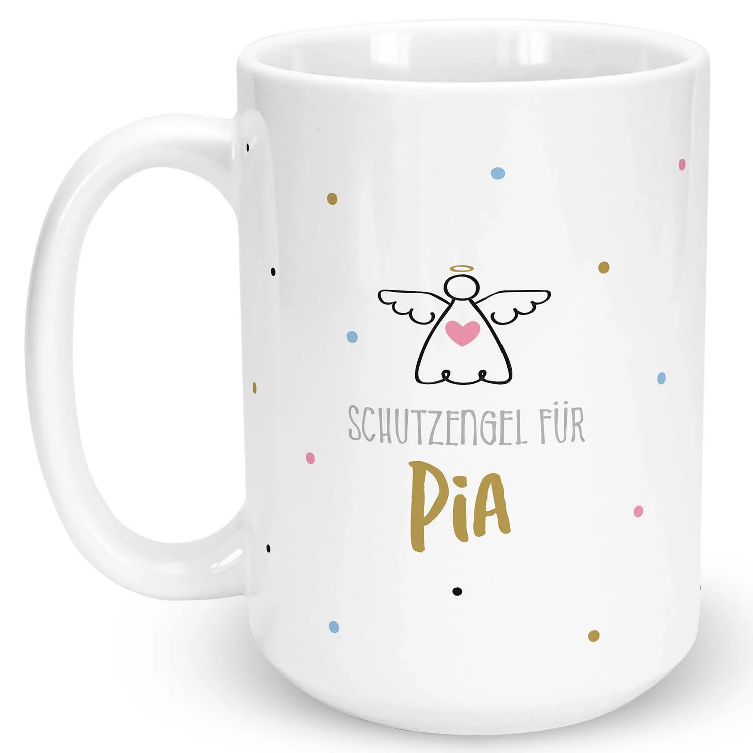 Weiße XL-Tasse mit Schutzengel-Design und dem Namen Pia – personalisierte Geschenkidee.