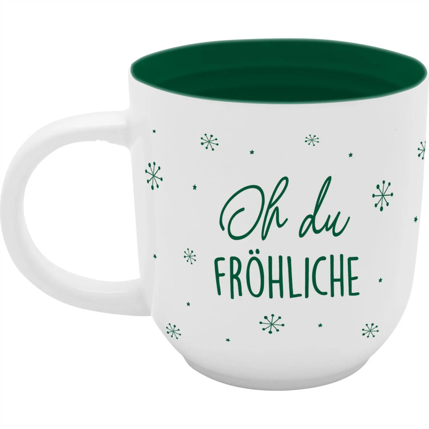 Weiße Porzellan-Tasse mit grünem Innenrand und grünem Schriftzug Oh du Fröhliche mit Schneeflocken