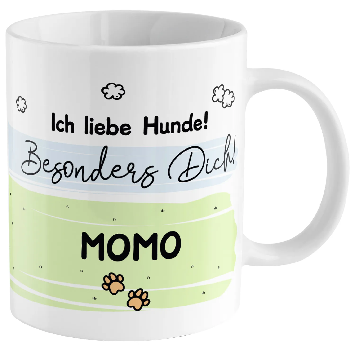 Personalisierte Porzellan-Tasse mit Hundemotiv, Name MOMO, Pastellstreifen