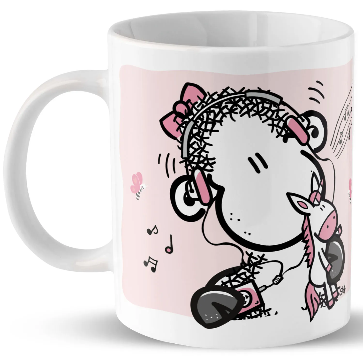 Weiße Keramiktasse mit pinkem Schaf-Motiv und Namensdruck – personalisiert