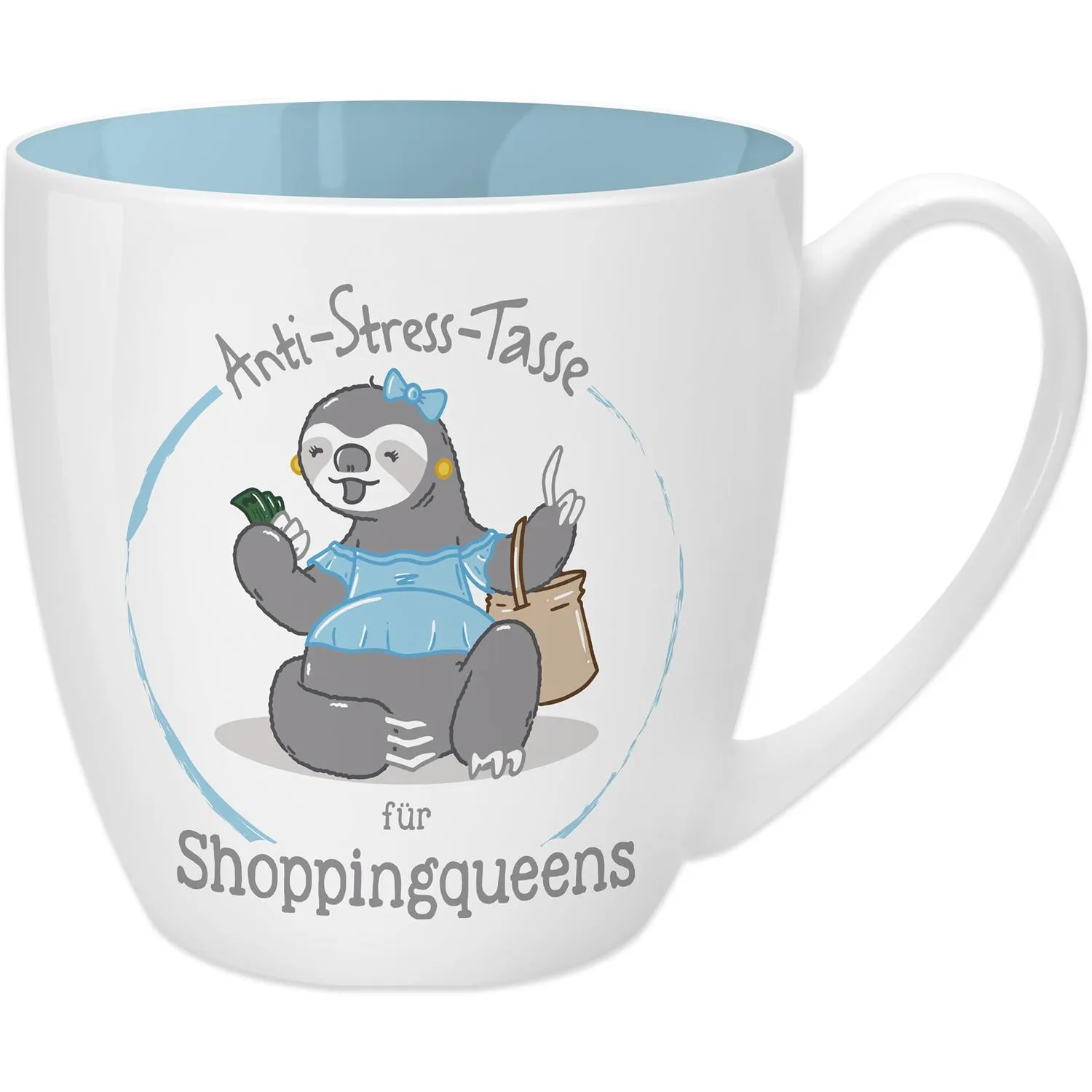Weiße Tasse mit hellblauem Innenraum und Sloth-Motiv für Shoppingqueens