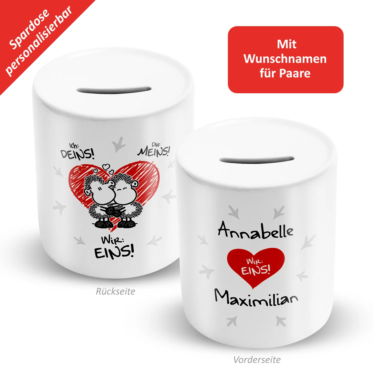 Zwei weiße Keramik-Sparbüchsen mit rotem Herz und Namen; Münzschlitz oben