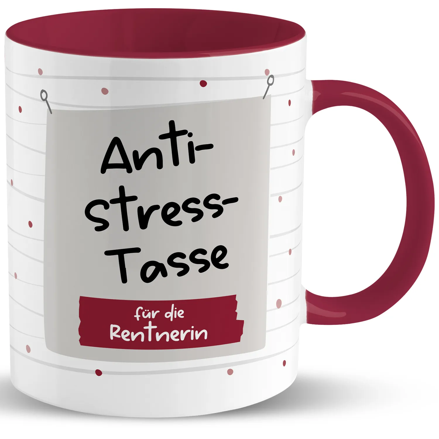 Weiße Porzellantasse mit rotem Innen- und Griffbereich und schwarzem Schriftzug